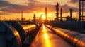 Pipeline of refinery plant at sunset, perspective view of gas or oil pipes of petrochemical factory. Scenery of tube lines, sun