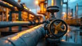 Pipeline of refinery plant and valve at night, scenery of gas or oil pipes of petrochemical factory. Evening view of tube lines Royalty Free Stock Photo