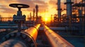 Pipeline of refinery plant and valve at sunset, perspective view of gas or oil pipes of petrochemical factory. Scenery of tube