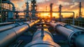 Pipeline of refinery plant and valve at sunset, scenery of gas or oil pipes of petrochemical factory. Perspective view of tube Royalty Free Stock Photo