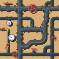 Pipeline system. Seamless pattern. With taps and pressure gauges. Background picture. Vector Royalty Free Stock Photo