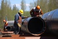 Pipeline welding site with workers in protective gear, using welding equipment to join sections of large diameter pipes Royalty Free Stock Photo