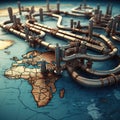 Pipelines on world map. Gas and oil pipes attached to the planet Royalty Free Stock Photo