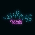 Piperacillin antibiotic chemical formula and composition, concept structural drug, isolated on black background, neon style vector