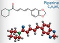 Piperine, C17H19NO3 molecule. It is alkaloid isolated from the plant Piper nigrum. It has role as plant metabolite, food component Royalty Free Stock Photo