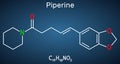 Piperine, C17H19NO3 molecule. It is alkaloid isolated from the plant Piper nigrum. It has role as plant metabolite, food component Royalty Free Stock Photo