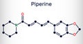 Piperine, C17H19NO3 molecule. It is alkaloid isolated from the plant Piper nigrum. It has role as plant metabolite, food component Royalty Free Stock Photo