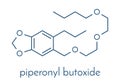 Piperonyl butoxide PBO pesticide synergist molecule. Increases potency of insecticides by inhibiting breakdown by cytochrome.