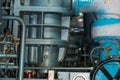 Pipes equipment and machine tools and wire valves in the production room at the refinery petrochemical chemical industrial plant. Royalty Free Stock Photo