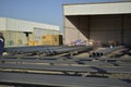 Pipes for fire fighting system and extinguishing water lines in industrial building. painted steel pipes in the paintshop. Muscat