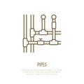 Pipes installation routing flat line icon. Outline sign of pipe, valve. Vector illustration for house equipment store or