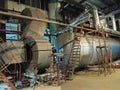 Pipes, steel tubes, steam turbine and equipment at power plant, night scene Royalty Free Stock Photo