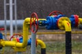 Poltava, Ukraine - February 3, 2023: Pipes, taps and a valve for shutting off gas supply at a gas compressor station