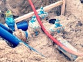 Pipes and valves underground. Repare of water supply interruption. Drink water piping