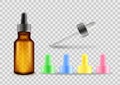 Pipette bottle and a set of caps of different colors for design and advertising, vector. Royalty Free Stock Photo