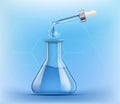 Pipette with a drop. Laboratory test tube with liquid