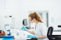 Pipette dropping a sample in a test tube. Laboratory assistant analyzing blood in lab. Aids, hiv test Royalty Free Stock Photo