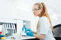 Pipette dropping a sample in a test tube. Laboratory assistant analyzing blood in lab. DNA analysis Royalty Free Stock Photo