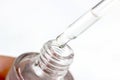 The pipette dropping a transparent liquid into dropper bottle on light background close up. Royalty Free Stock Photo