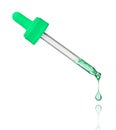 Pipette with falling drops close-up on white background