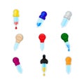 Pipette Icon. Set of different colors pipettes with blood, water or oil isolated