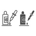 Pipette and medical bottle line and solid icon, Healthcare concept, Medicine vial and dropper sign on white background
