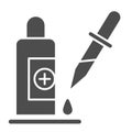 Pipette and medical bottle solid icon, Healthcare concept, Medicine vial and dropper sign on white background, Pipette