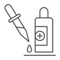 Pipette and medical bottle thin line icon, Healthcare concept, Medicine vial and dropper sign on white background