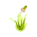 Pipette with oil, green drops and aloe vera leaves. Natural cosmetic. Product for skin care. Flat vector icon