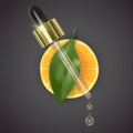 Pipette with orange oil on the background of slices of orange and green leaf, realistic pipette with essential aroma oil