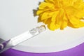 Pipette with serum or cosmetic liquid close-up on a podium with yellow flowers on purple background. Royalty Free Stock Photo