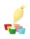 Piping bag squeezing cream into colorful cupcake liners. Baking and pastry making vector illustration