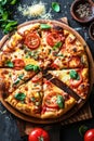 Freshly Baked Pepperoni Pizza With Sliced Tomatoes and Basil on a Wooden Board Royalty Free Stock Photo