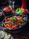 A piping hot plate of beef and vegetable fajitas sizzling and ready to eat.. AI generation