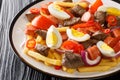 Pique macho is a Bolivian dish consisting of a layer of french fries buried underneath a heap of chopped beef, sausages, eggs, Royalty Free Stock Photo