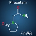 Piracetam molecule. It is nootropic drug. Structural chemical formula on the dark blue background