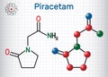 Piracetam molecule. It is nootropic drug. Structural chemical formula and molecule model. Sheet of paper in a cage