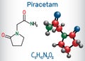 Piracetam molecule. It is nootropic drug. Structural chemical formula and molecule model