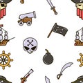 Piracy seamless pattern pirate skull and bones ship and cannon