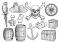 Piracy stuff illustration, drawing, engraving, ink, line art, vector Royalty Free Stock Photo