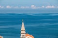 Piran - Saint George Parish Church with panoramic aerial view of coastal town Piran, Primorska