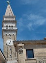 PIRAN, SLOVENIA - 08/15/2020: View on roofs and Sacred George cathedral