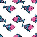 The piranha pattern is dissatisfied with pink and blue. seamless pattern of doodle-style fish is amusingly dissatisfied