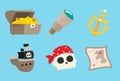 Pirate accessories symbols flat icons collection with wooden treasure chest and jolly roger abstract vector illustration Royalty Free Stock Photo