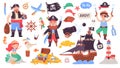 Pirate adventure collection. Doodle pirates cute sticker, marine set kid piracy ship decor child piratin theme, sea