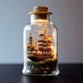 Pirate Adventure inside a Bottle - A Captivating Miniature Ocean with a Pirate Ship Royalty Free Stock Photo