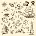 Pirate adventure set. Sea navigation engraved old fantasy objects, ship and treasure of pirates with lighthouse vector