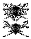 Pirate adventure vector emblem with crossed pistols and sabre swords against heraldic shield