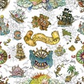 Seamless pattern with nautical symbols, ships, compasses, mermaids and gulls on white Royalty Free Stock Photo