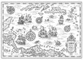 Black and white pirate map of the Caribbean Sea with old ships, islands and fantasy creatures
